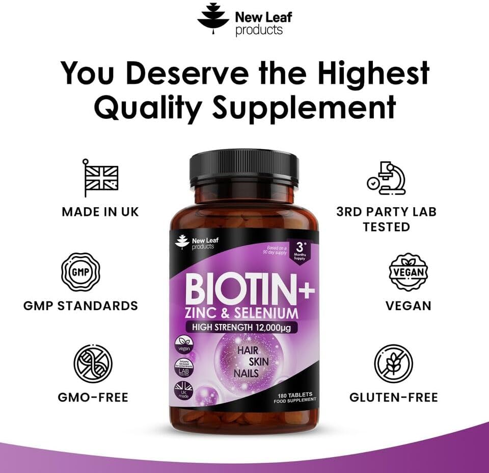 Biotin Hair Growth Vitamins 12000mcg High Strength with Coconut Oil - Promotes Healthy Hair Skin & Nails - Biotin Vitamins for Women& Men Vegan, Gluten Free Supplements - Made in The UK by New Leaf