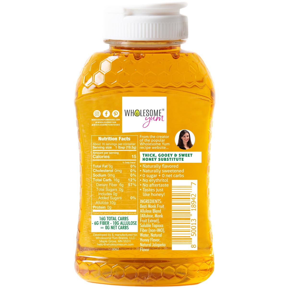 Wholesome Yum Jalapeno Zero Sugar Honey Substitute (Keto) - Natural Sugar Free Honey Alternative With Monk Fruit & Allulose - 0 Net Carbs, Non-GMO, Gluten Free, No Aftertaste (11 oz)