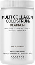 Codeage Multi Collagen Colostrum Powder Platinum - Hydrolyzed Grass-Fed Bovine Collagen Peptides, Grass-Fed Bovine Colostrum Supplement, Vitamin C, Biotin, Hyaluronic Acid, Lactoferrin - 13.4 Oz.