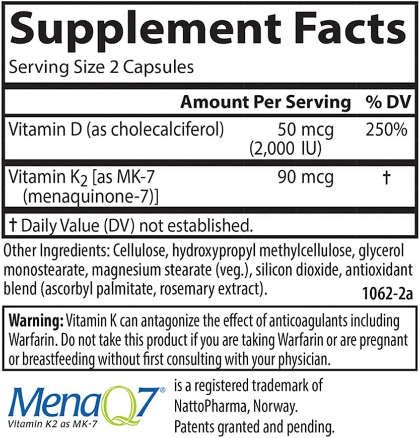 Carlson - Vitamin D3 + K2, 50 mcg (2000 IU) Vitamin D3 & 90 mcg Vitamin K2 as MK7, Bone Support, Calcium Absorption, 120 Capsules