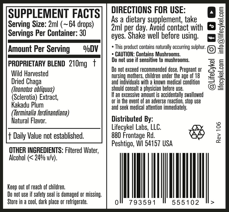 Life Cykel - Chaga Mushroom Extract with Kakadu Plum - Double Extracted Mushroom Tincture - Non-GMO Immune Support Supplement for Adults and Kids - 2 Fl Oz