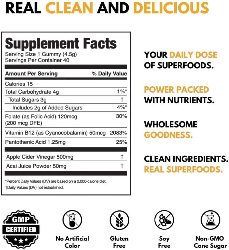 JUGO Apple Cider Vinegar + SUPERFOODS | ACV Gummies with Vitamin B12 & Acai | 40 Count Digestive Support Gummies | Plant-Based, Gelatin- Free, Non-GMO, Made in USA