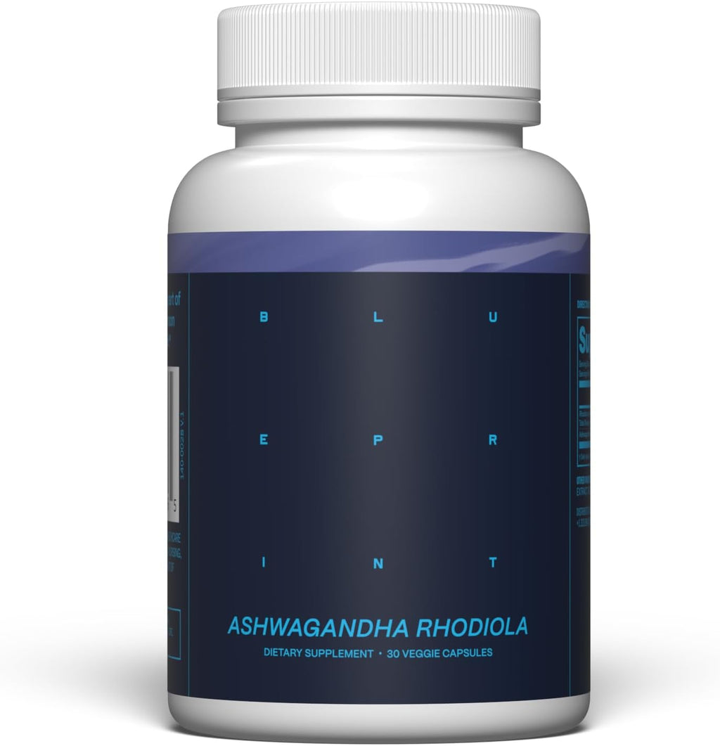 Blueprint Bryan Johnson Ashwagandha & Rhodiola Supplement – 120mg Ashwagandha + Rhodiola Root – Daily Adaptogen Capsules for Stress Support, Mood Balance, Energy & Focus – 30 Vegan Capsules