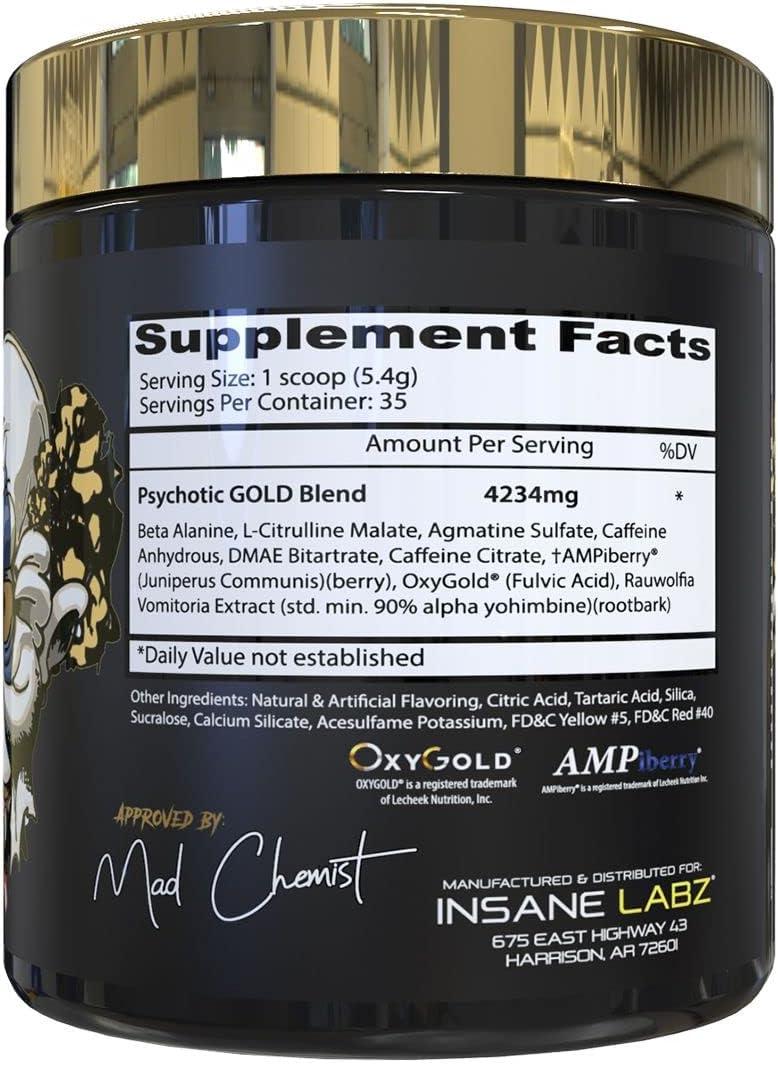 Insane Labz Psychotic Gold, High Stimulant Pre Workout Powder, Extreme Lasting Energy Focus, Pumps and Endurance with Beta Alanine, DMAE Bitartrate, NO Booster (35 Servings, Orange)