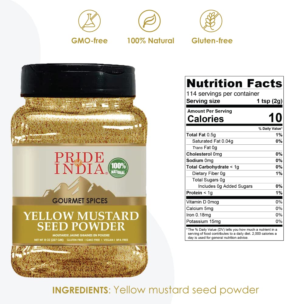 Pride Of India - PACK of 6 - Yellow Mustard Ground – Gourmet Spice - Ideal for Pickles/Mustard Dressing/Sauces/Hotdogs – Preservatives & Additives Free – Easy to Store – 8oz. Medium Dual Sifter
