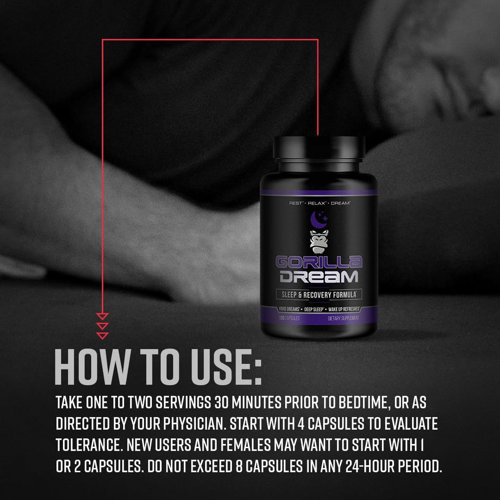 Gorilla Mind Dream Sleep Supplement (120 Capsules) - Nootropic Infused Comprehensive Sleep & Recovery Supplement - GABA, Melatonin, Valerian Root, Magnesium, L-Theanine, Sensoril, Ashwagandha & More