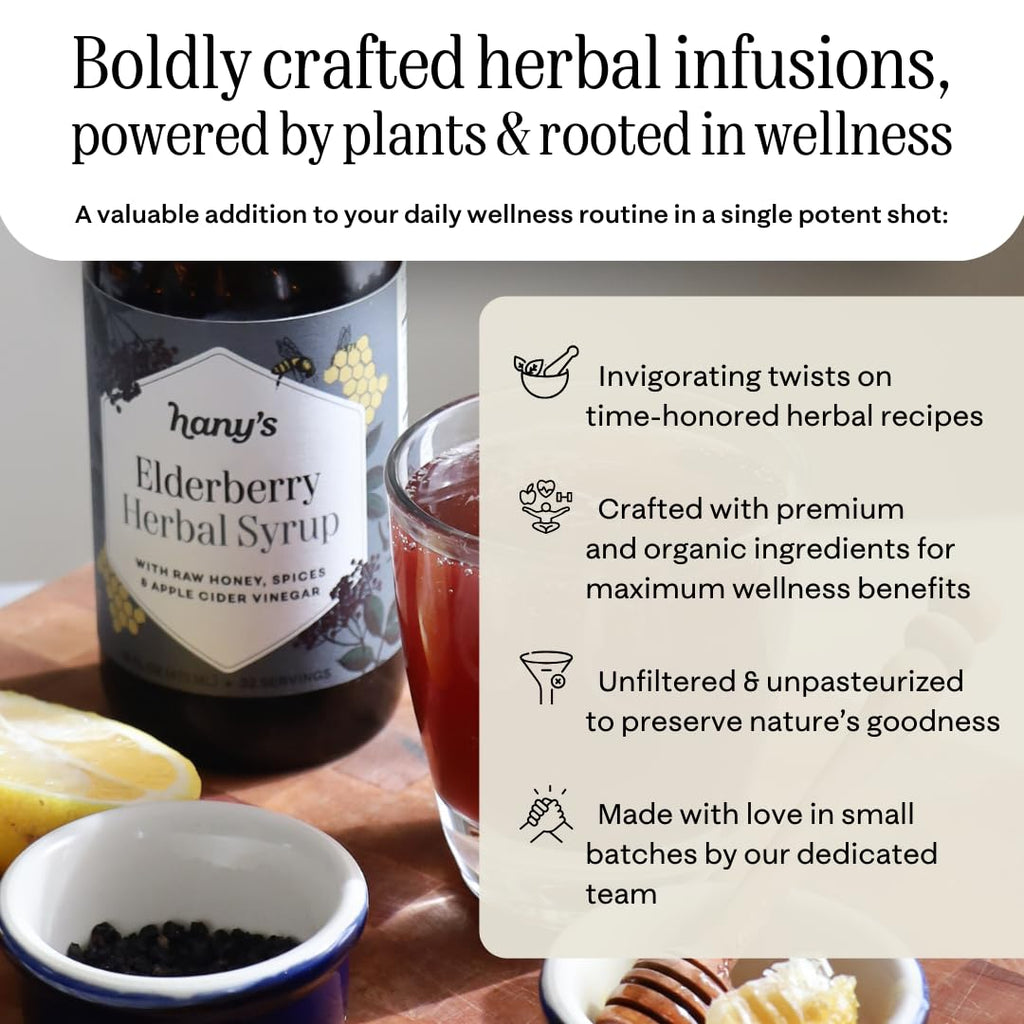 Hany's Harvest Elderberry Herbal Syrup – 8 fl oz | All-Natural Wellness Tonic, Apple Cider Vinegar, Raw Honey & Elderberry | Non-GMO, Gluten-Free, Handcrafted