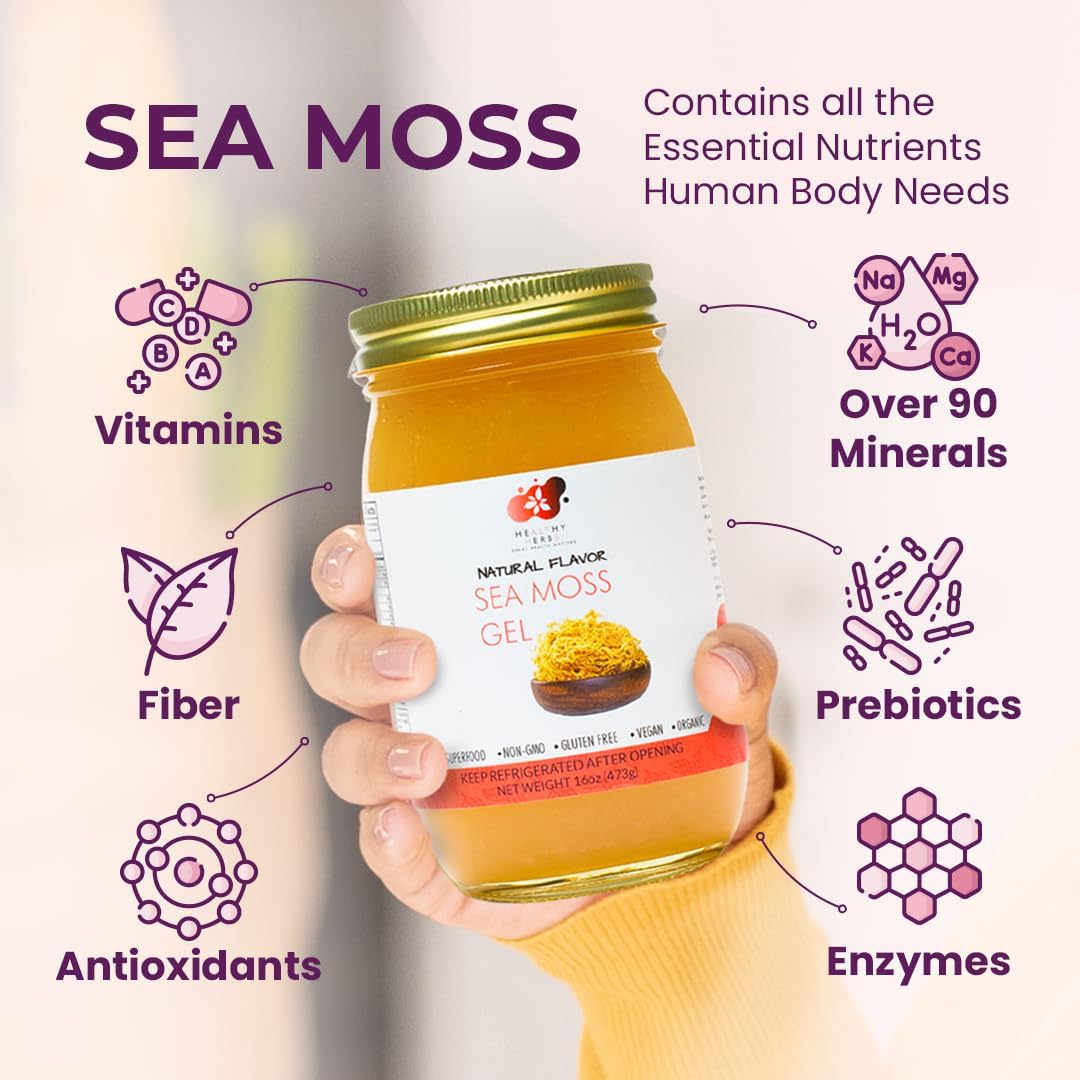 Healthy Herbs Sea Moss Gel (Natural) Wildcrafted from Jamaican St Lucia Gold Seamoss | Wild-Harvested Superfood With Over 90 Essential Vitamins & Minerals | Vegan, Non-GMO, US-Made (16 oz.)