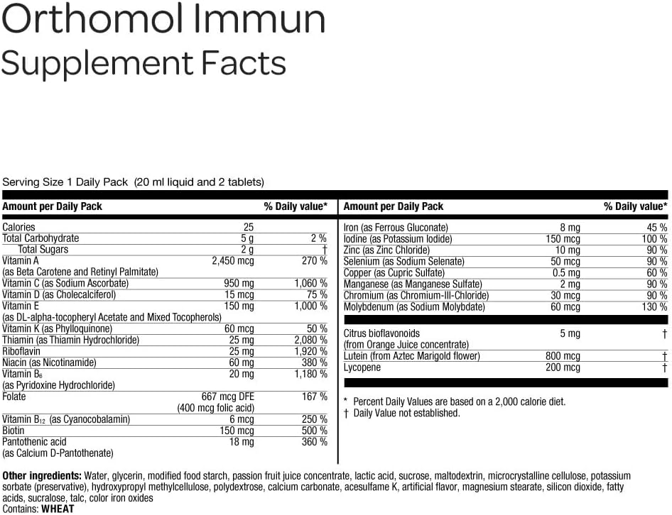 Orthomol Immun Vial, Daily Liquid Immune Support Supplement, 7-Day Supply, Includes Vitamins A, B, C, D, E, Zinc & Iodine, Premium Formula for Enhanced Immune Defense & Overall Vitality