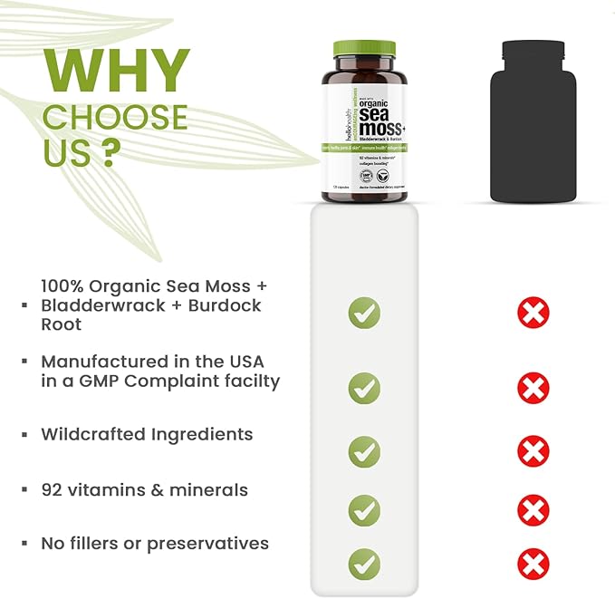 Organic Irish Sea Moss Capsules: Wildcrafted Sea Moss, Burdock Root & Bladderwrack Prebiotic Super Food for Immune Support, Thyroid Support, Natural Energy, -120 Caps