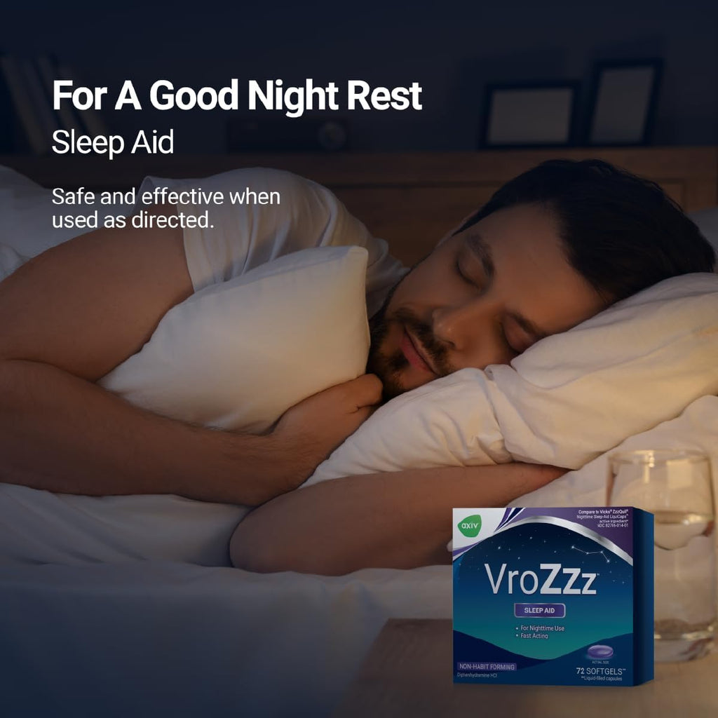 AXIV VrozZZ Sleep Aid Softgels, Nighttime Sleep Aid Liquid-Filled Capsules, for Nighttime use, Non-Habit Forming, 25mg Diphenhydramine HCI, Fall Asleep Fast, 72 Count