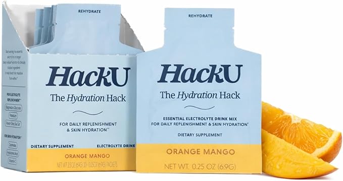 HackU Hydration Hack Electrolyte & Skin Hydration Packets – Sugar Free, Bloat-Free Drink Mix with Magnesium, Hyaluronic Acid & Ceramides for Daily Glow & Moisture Support