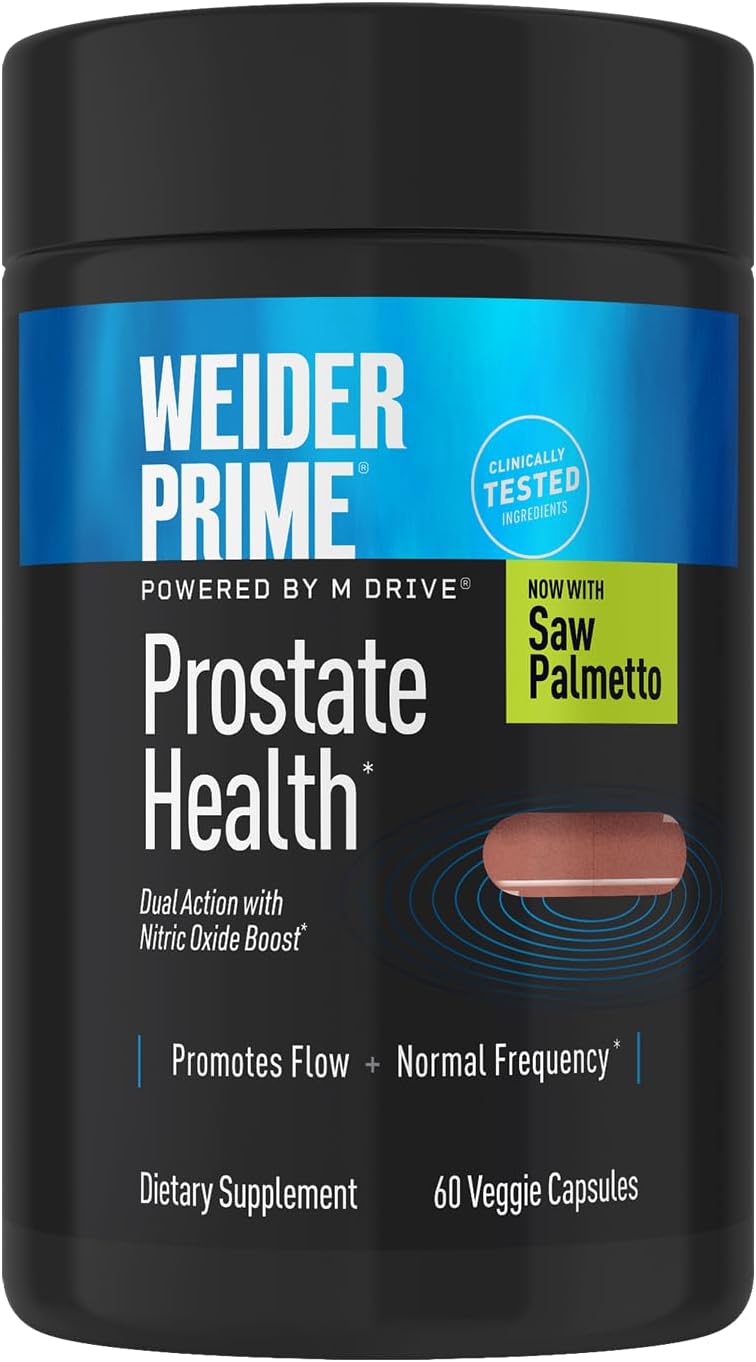 Weider Prime Prostate Health for Men, Saw Palmetto, Dual Action with N.O. Boost, Promotes Flow and Normal Frequency, 60 Veggie Capsules