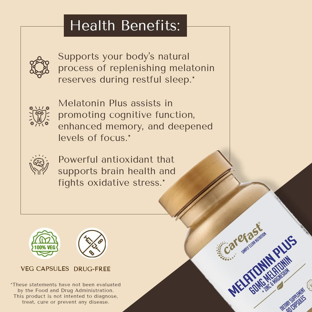 60mg Melatonin Plus Extra Strength High Dose Sleep Supplement 90 Capsules - Veggie Capsules - Fast Acting Formulated by Dr Shallenberger with Zinc & Magnesium for Maximum Quick Absorption