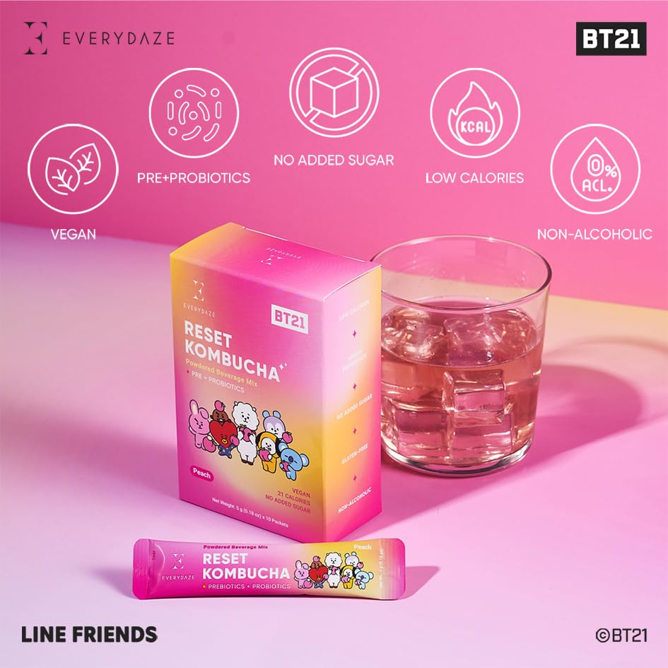 Everydaze BT21 Reset Kombucha Tea Powdered Beverage Mix | 10 Sticks | Prebiotics + Probiotics | Vegan | No Added Sugar, Gluten Free, Sparkling Powder Drink Pack (Peach)