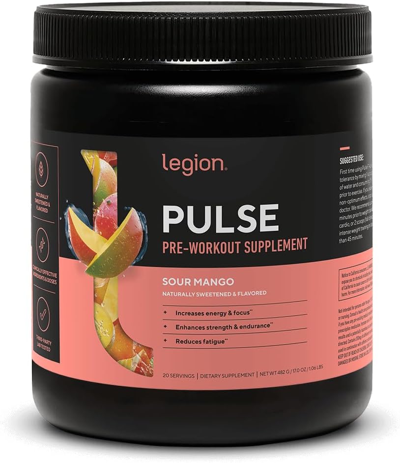 LEGION Pulse Pre Workout Supplement - All Natural Nitric Oxide Preworkout Drink to Boost Energy, Creatine Free, Naturally Sweetened, Beta Alanine, Citrulline, Alpha GPC (Sour Mango)