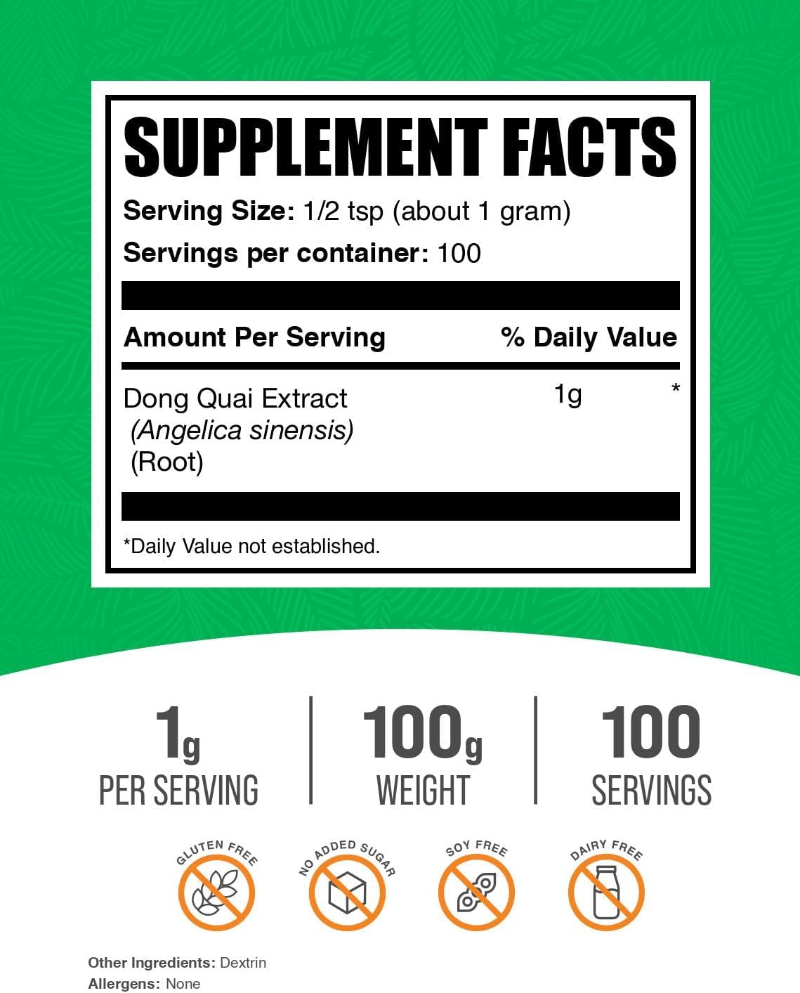 BulkSupplements.com Dong Quai Root Extract Powder - Angelica Root Powder, Dong Quai Herbal Supplements - Vegan & Gluten Free, 1g per Serving, 100g (3.5 oz) (Pack of 1)