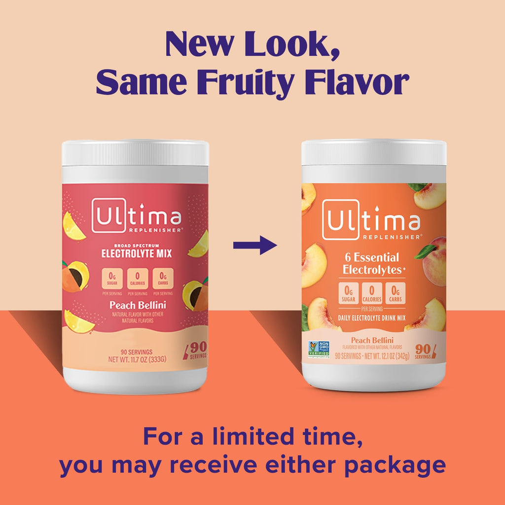 Ultima Replenisher Mocktini Electrolyte Powder Drink Mix – Sugar Free – Peach Bellini, 90 Servings – Hydration Powder with 6 Key Electrolytes and Trace Minerals – Keto Friendly, Non-GMO