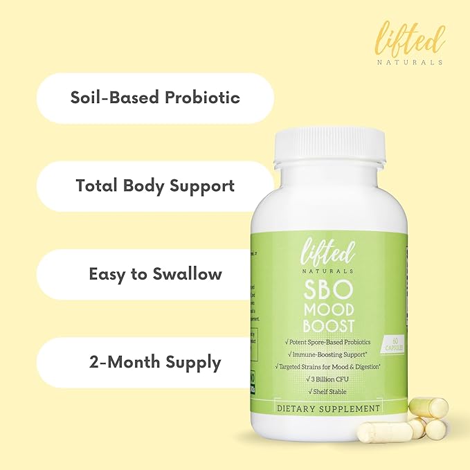 Lifted Naturals Spore Based Probiotic Probiotics - SBO Mood Boost - Spore/Soil-Based - Digestion & Natural Mood Support - Histamine-Free - 60 Day Supply, Non-GMO, Dairy-Free, Gluten-Free, Vegan