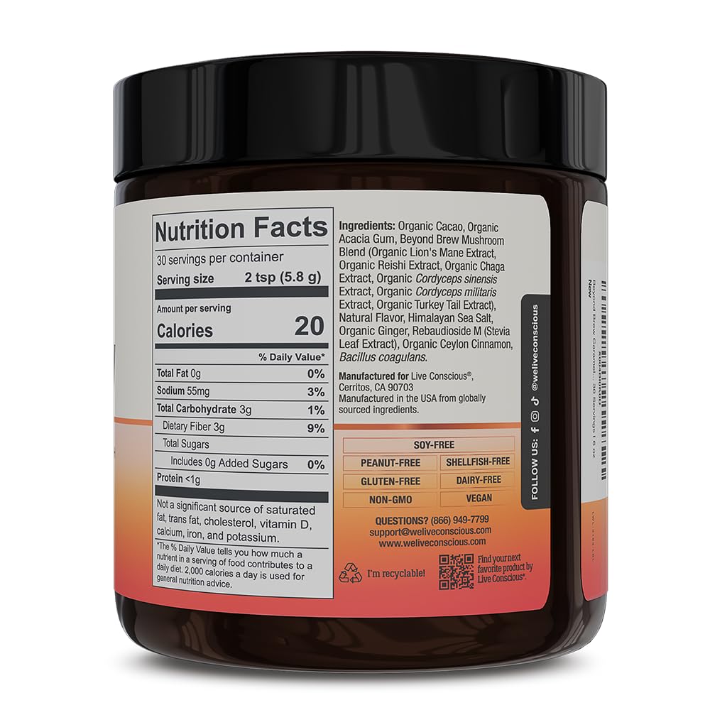 Beyond Brew Caramel Macchiato Coffee Alternative - Low Caffeine Superfood - Powerful Mushroom Complex with Lion’s Mane, Reishi & Chaga - Brewed Drink with Prebiotics & Probiotics - 30 Servings