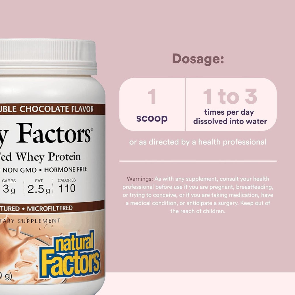 Natural Factors Whey Factors, Grass Fed Whey Protein Concentrate, Aids Muscle Development and Immune Health, Double Chocolate, 12 Oz