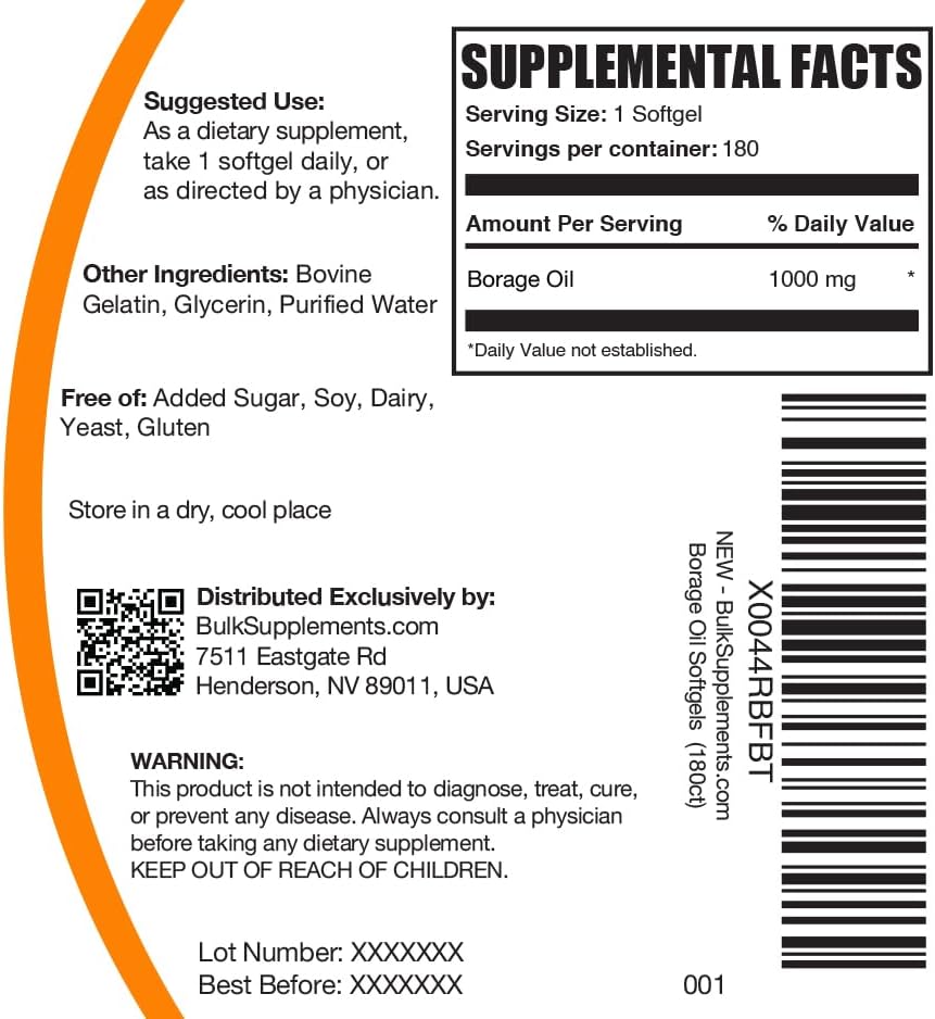 BulkSupplements.com Borage Oil Softgels - Gamma Linolenic Acid Supplement, Borage Oil Supplements, Borage Oil 1000mg - Gluten Free, 1 Softgel per Serving, 180 Count (Pack of 1)