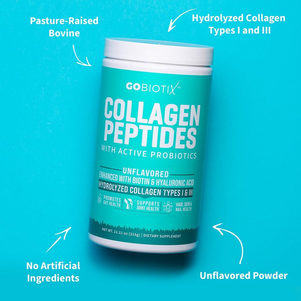 GOBIOTIX Collagen Powder Supplement with Probiotics - Hydrolyzed Protein Collagen Powder for Women - Hair Skin and Nails, Joint and Digestive Health - Collagen Peptides Type I and III - 30 Servings