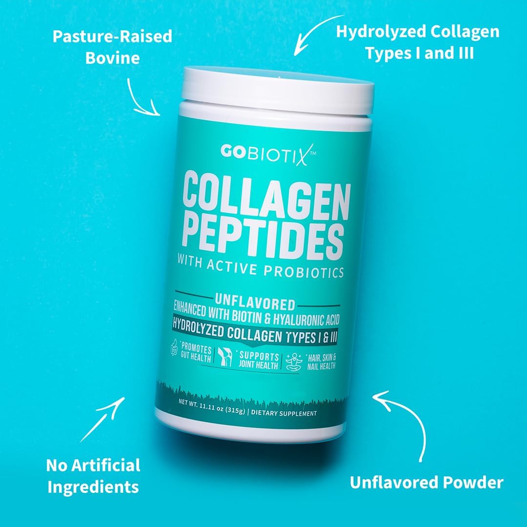 GOBIOTIX Collagen Powder Supplement with Probiotics - Hydrolyzed Protein Collagen Powder for Women - Hair Skin and Nails, Joint and Digestive Health - Collagen Peptides Type I and III - 30 Servings