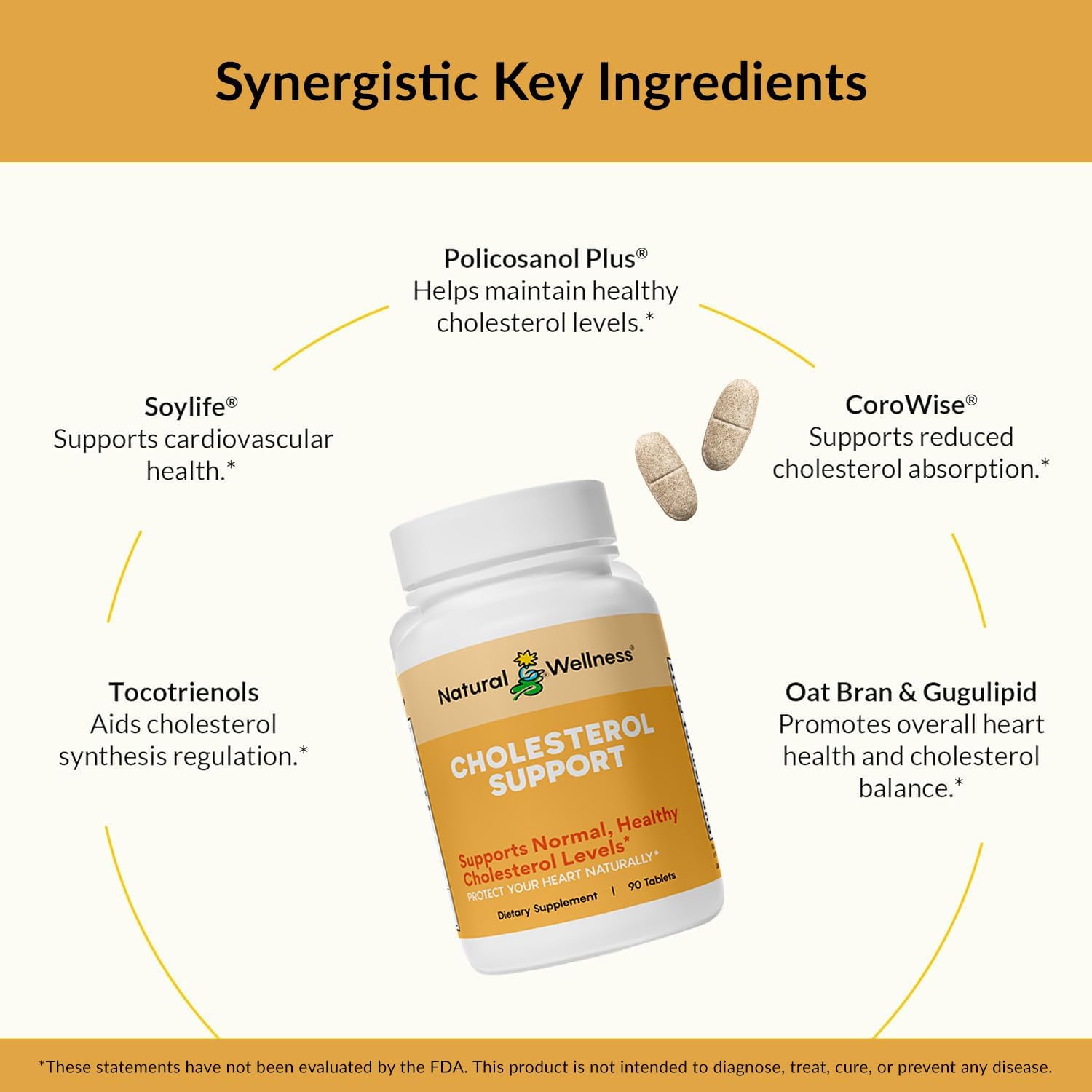 Natural Wellness Cholesterol Support – Herbal & Nutrient Supplement for Healthy Cholesterol Levels, Heart Function, Artery Health & Circulation – Cardiovascular Support Formula – 90 Tablets