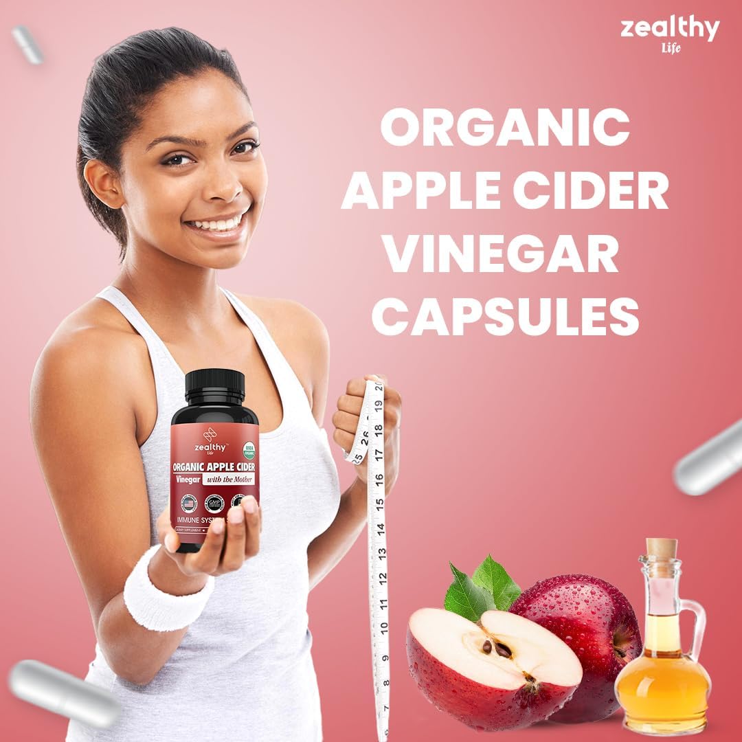 Organic Apple Cider Vinegar with The Mother – 1200mg Capsules for Optimal Wellness, Gluten-Free, Non-GMO, 120 Veggie Capsules – Zealthy Life