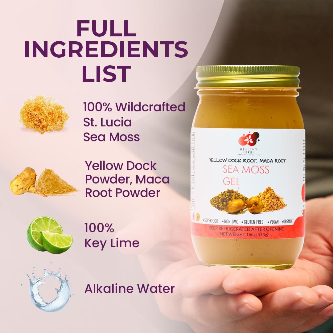 Healthy Herbs Sea Moss Gel (Yellow Dock) Wildcrafted from Jamaican St Lucia Gold Seamoss | Wild-Harvested Superfood With Over 90 Essential Vitamins & Minerals | Vegan, Non-GMO, US-Made (16 oz.)