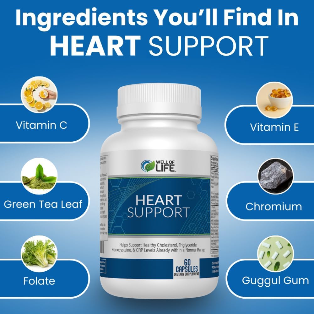 Well of Life Heart Restore: 60 Veg Capsules Helps Healthy Cholesterol, Triglyceride, Homocysteine & CRP Levels Within Normal Range : Made in USA, GMP Certified, Non-GMO