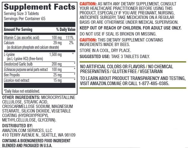 Amazon Elements Lysine Complex with Vitamin C for Immune Health Support, Vegetarian, 65 Servings, 195 Count (Packaging May Vary) (Pack of 2)