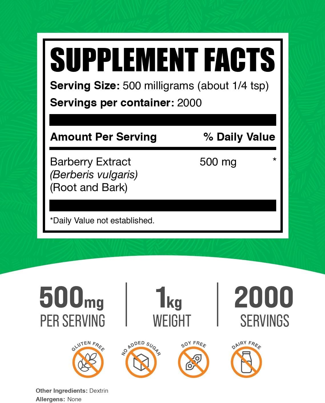 BulkSupplements.com Barberry Extract Powder - Barberry Sypplement, Herbal Supplement - Vegan & Gluten Free, 500mg per Serving, 1kg (2.2 lbs) (Pack of 1)