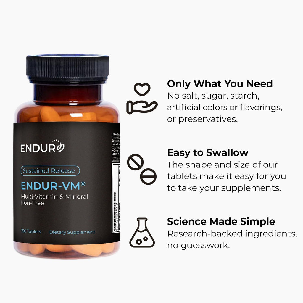 ENDUR-VM - Without Iron – Sustained-Release Daily Multi-Vitamin - Vitamin A, Vitamin C, Vitamin D, Vitamin E, Vitamin B12 - Zinc for Immune Health Support + Calcium & More - 150 Tablets