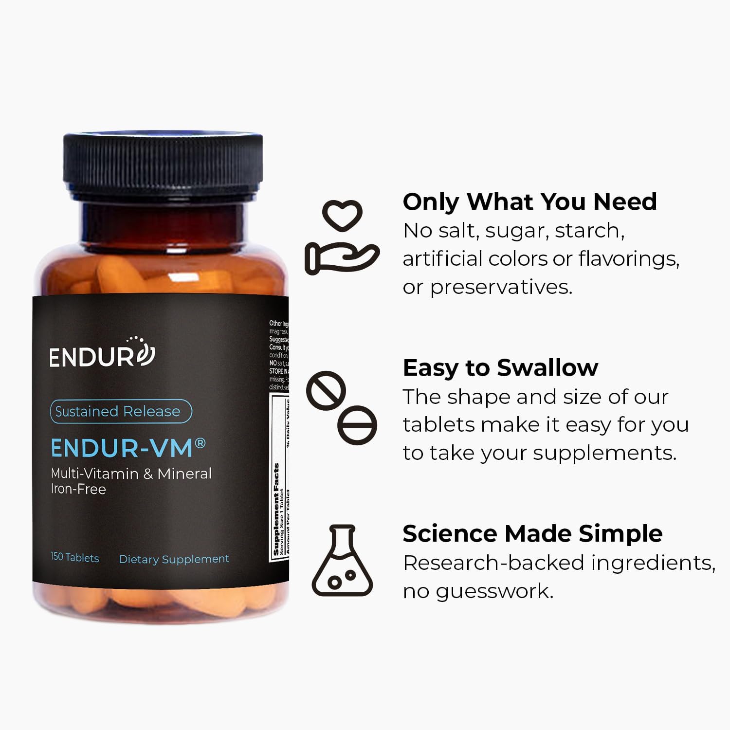 ENDUR-VM - Without Iron – Sustained-Release Daily Multi-Vitamin - Vitamin A, Vitamin C, Vitamin D, Vitamin E, Vitamin B12 - Zinc for Immune Health Support + Calcium & More - 150 Tablets