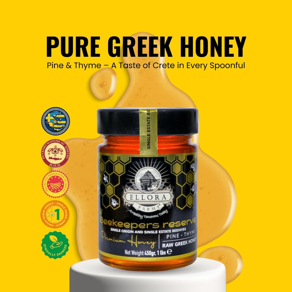 Ellora Farms Greek Honey Single Estate PDO, Pine & Thyme Raw Honey Unfiltered, Beautiful Gift Pack with Dipper, Beekeepers Reserve, Pure Raw & Unfiltered Cold-Pressed, Gluten Free - 450 g