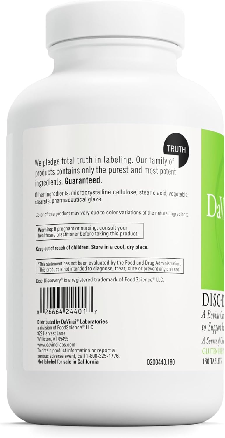 DAVINCI Labs Disc Discovery - Support Spinal Health & Back Function - with Vitamin C, Vitamin D3, Bovine Tracheal Cartilage, Apple Pectin & Horsetail Powder - Gluten-Free - 180 Capsules