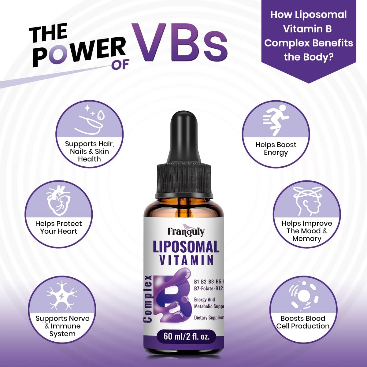 Liposomal Vitamin B Complex Liquid Sublingual B Complex Vitamins Supplement for Women Men Improved Absorption Methylated B12,B1, B2, B3, B5, B6,Folate,Biotin for Energy and Immune Support-8.0 oz