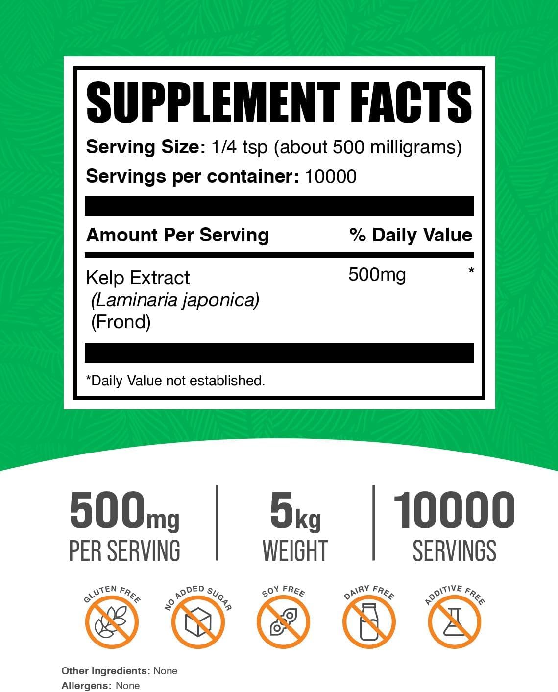 BulkSupplements.com Kelp Extract Powder - Kelp Supplement, Brown Seaweed Extract, Seaweed Powder - Gluten Free, 500mg per Serving, 1kg (2.2 lbs) (Pack of 5)