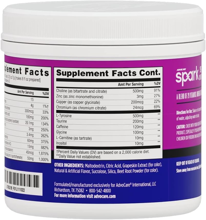 AdvoCare Spark Vitamin & Amino Acid Supplement - Focus & Energy Drink Powder Mix with Vitamin A, B-6, C & E - Also Includes L-Carnitine & L-Tyrosine - Grape - 10.5 oz