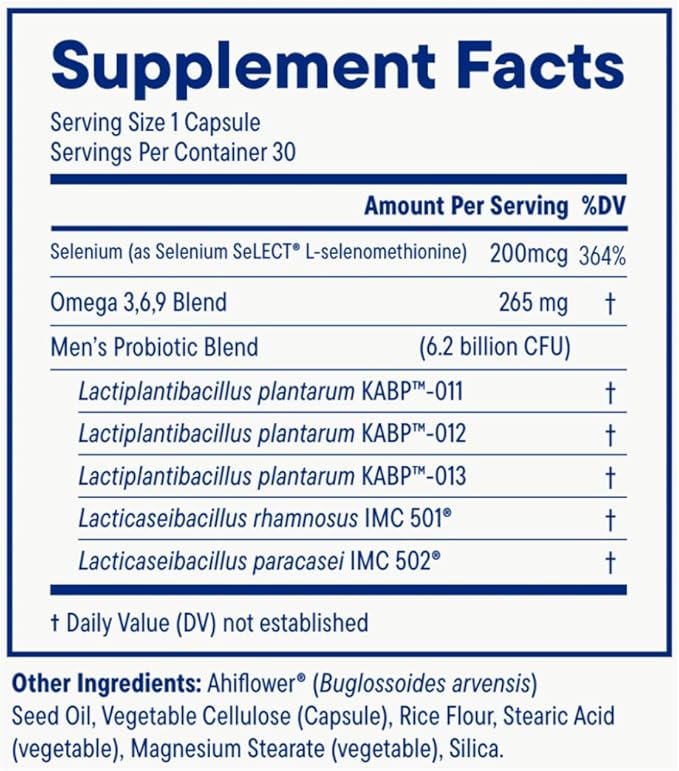 Daily Nouri Men’s Complete Probiotic | Supports Digestion, Immunity, Colon Health, Cardiovascular Function, Cholesterol | 5 Clinically Studied Strains + Selenium & Omega