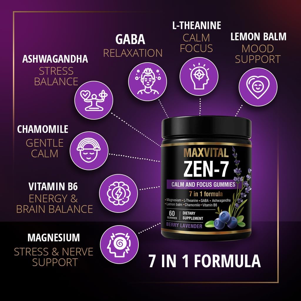 Zen-7 Calm & Focus Gummies – Sugar-Free Stress & Mood Support – Ashwagandha, L-Theanine, GABA, Lemon Balm, Chamomile, Magnesium & B6 – Berry Lavender Flavor – 60 Vegan Gummies
