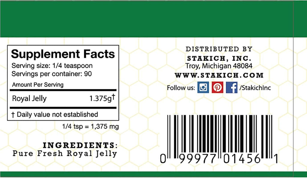 Stakich Fresh Royal Jelly - Pure, All Natural - No Additives/Flavors/Preservatives Added - 4 Ounce (114 Gram)