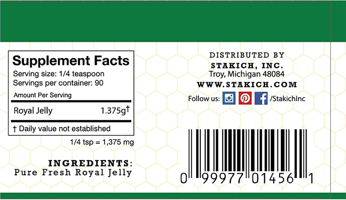 Stakich Fresh Royal Jelly - Pure, All Natural - No Additives/Flavors/Preservatives Added - 4 Ounce (114 Gram)