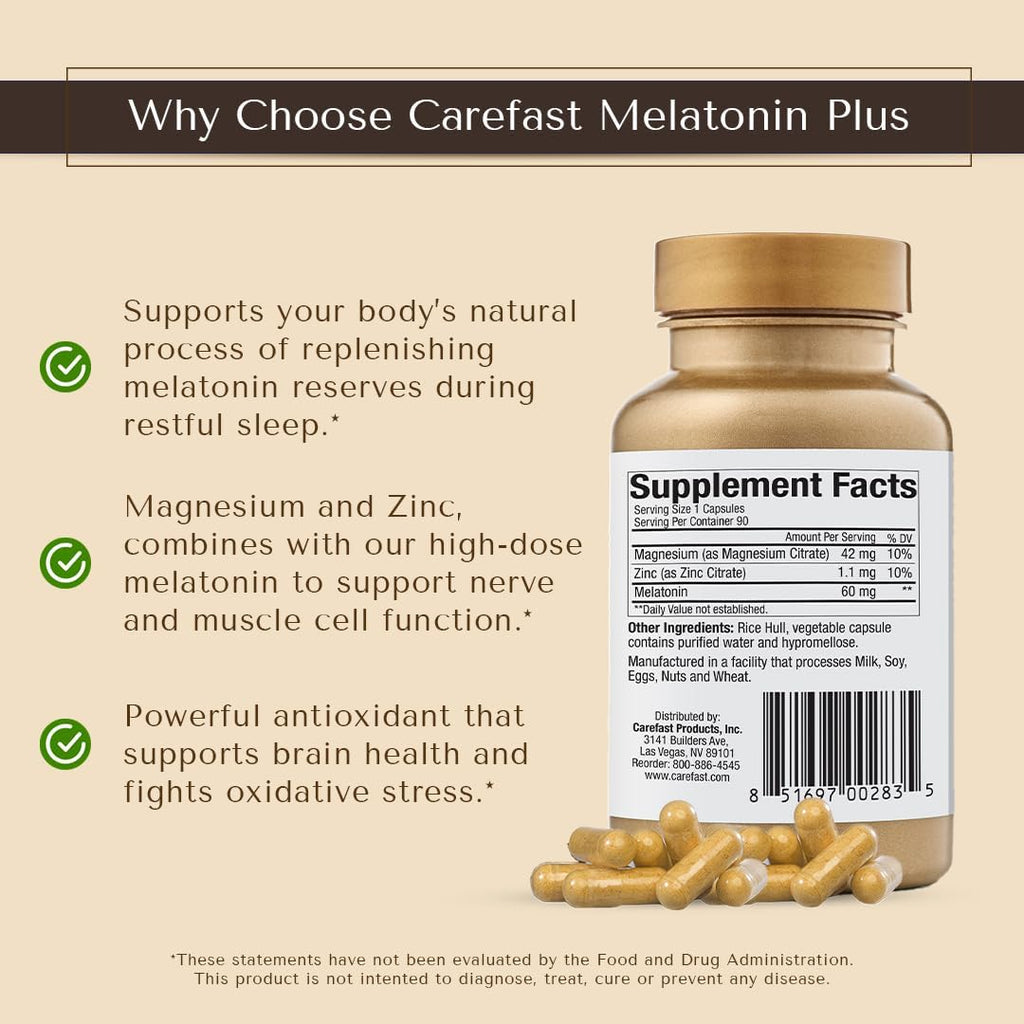 Melatonin Plus - High-Dose 60mg Melatonin with Zinc & Magnesium for Better Absorption - for Holistic Wellness - 180 Veggie Capsules