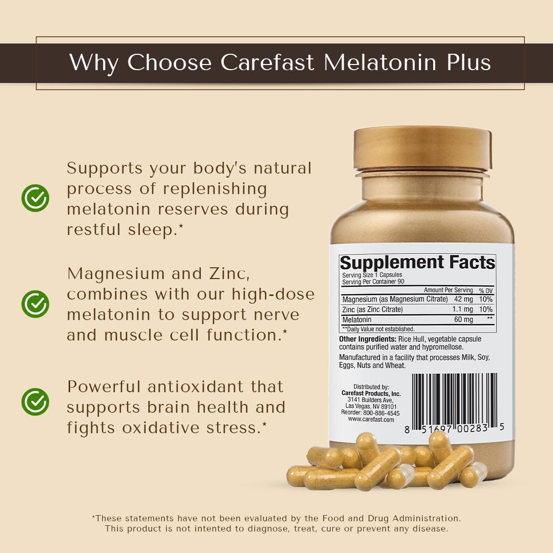 60mg Melatonin Plus Extra Strength High Dose Sleep Supplement 90 Capsules - Veggie Capsules - Fast Acting Formulated by Dr Shallenberger with Zinc & Magnesium for Maximum Quick Absorption