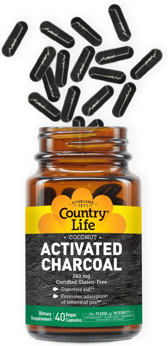 Country Life Coconut Activated Charcoal Capsules, 260mg – Natural Charcoal Supplement for Gas and Bloating Relief - Gluten-Free, 40 Vegan Capsules