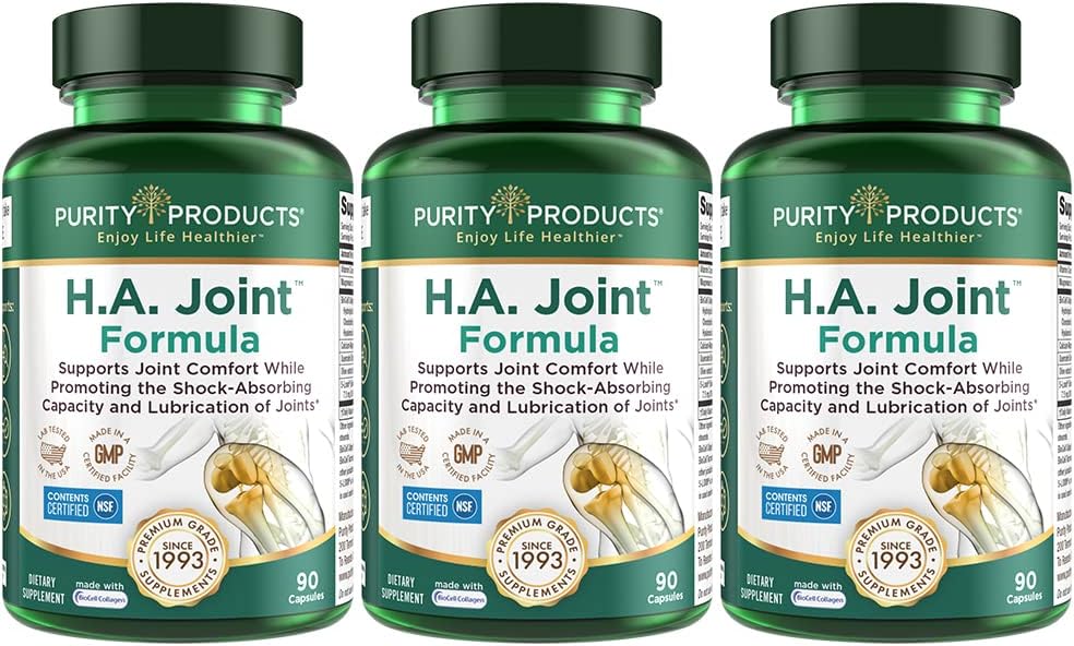 Purity Products HA Joint Formula Hyaluronic Acid + Key CoFactors - Joint + Skin Multi Collagen (Type I, II & III) - 5-Loxin - Olive Fruit Extract - Joint Flexibility + Mobility - 90 Capsules (3)