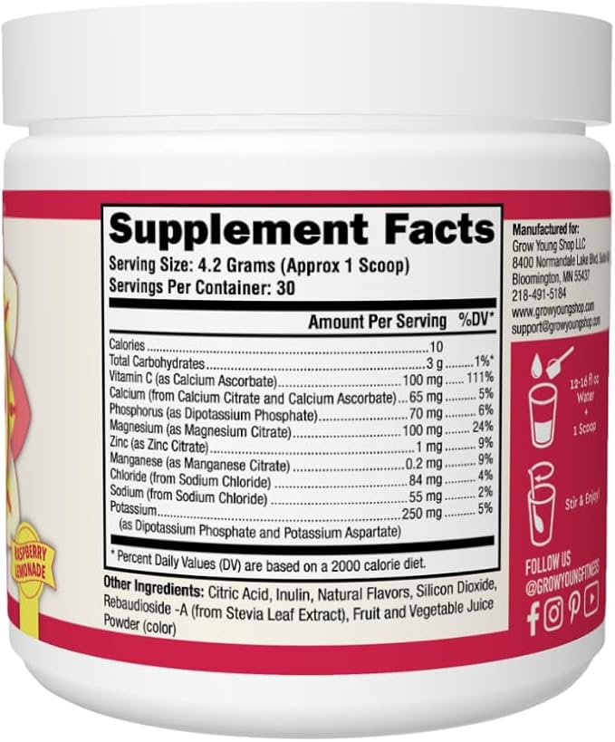 Grow Young Fitness Hydration Powder - Raspberry Lemonade, Premium Electrolyte Mix for Proactive Hydration, Vitamins and Sugar Free (1 Pack, 30 Servings)